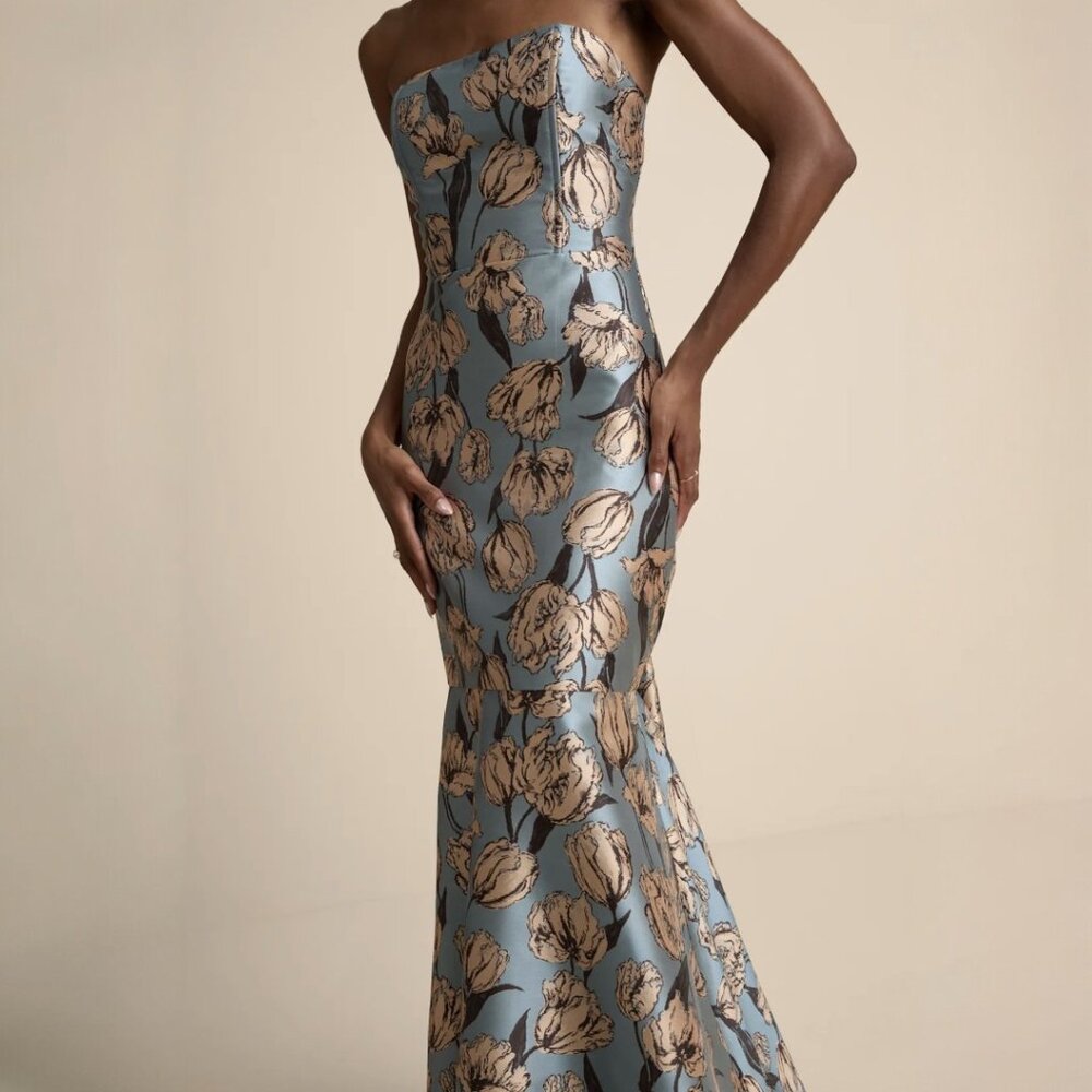 Lulu's Strapless Blue and Gold Floral Maxi Dress - Picture 2 of 6
